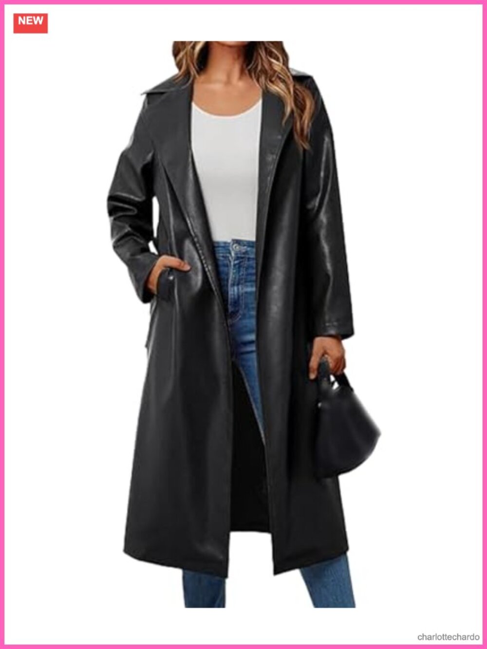 Women's Faux Leather Trench Coat Long Sleeve Open Front